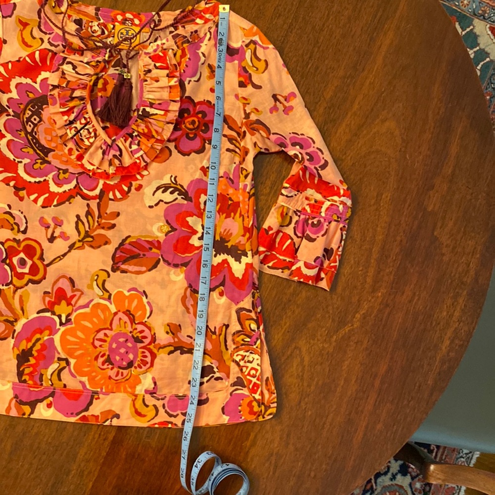 Tory Burch Cotton Voile Tunic Pink Orange Floral Drawstring Ruffle Collar Size 4 - Picture 13 of 16